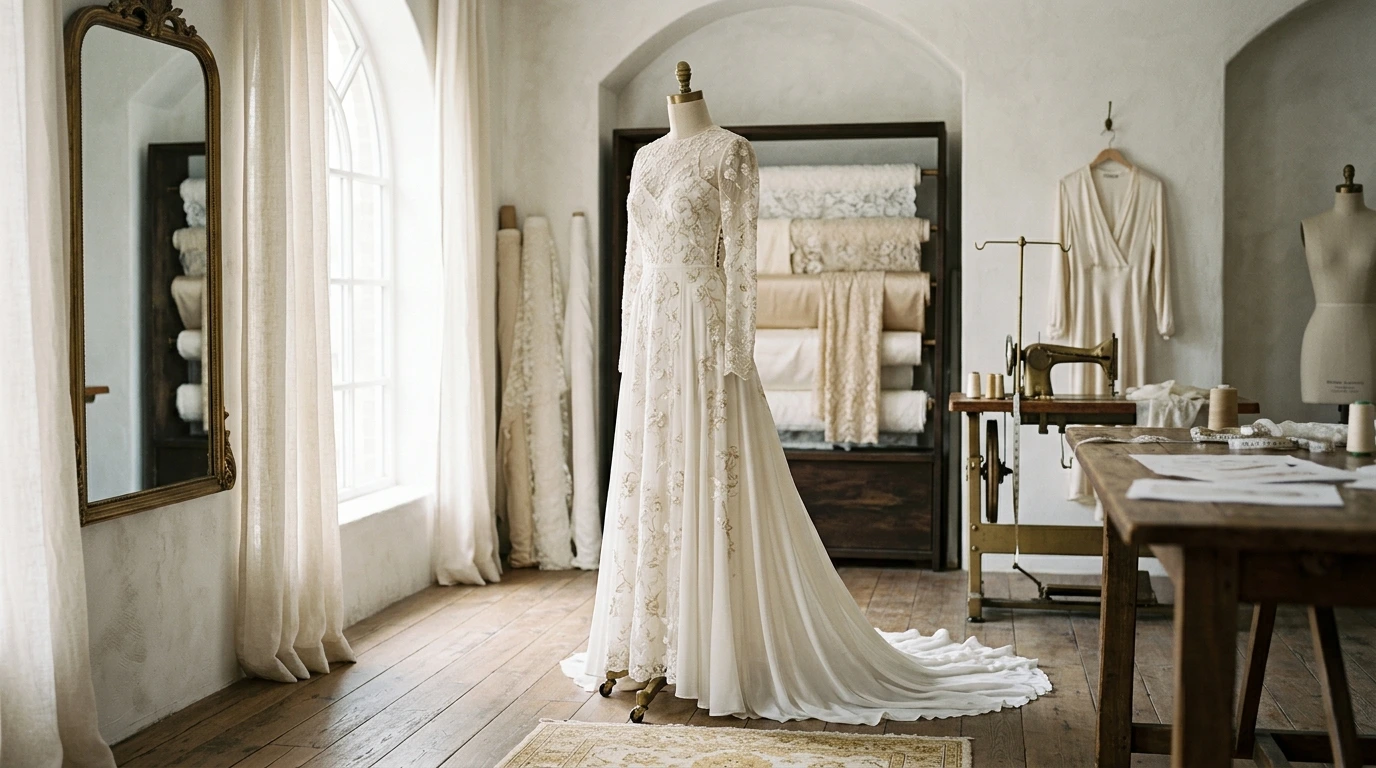 Abito da sposa elegante in atelier