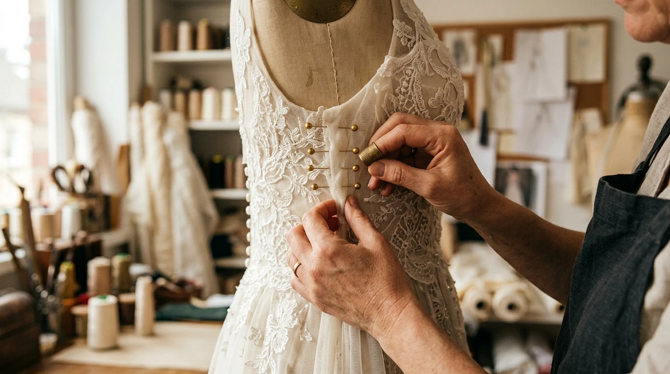 Sarta al lavoro su un abito da sposa su misura