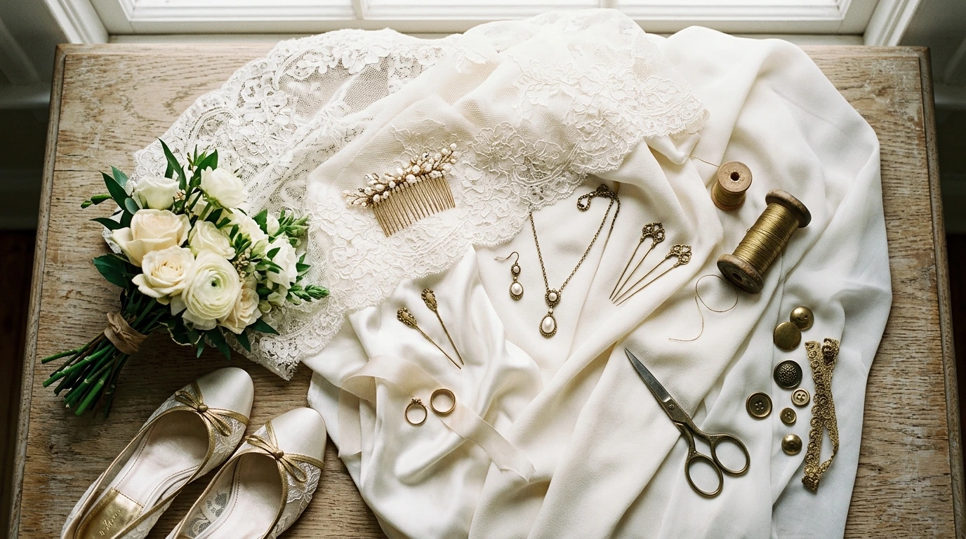Dettagli di pizzo e seta di un abito da sposa