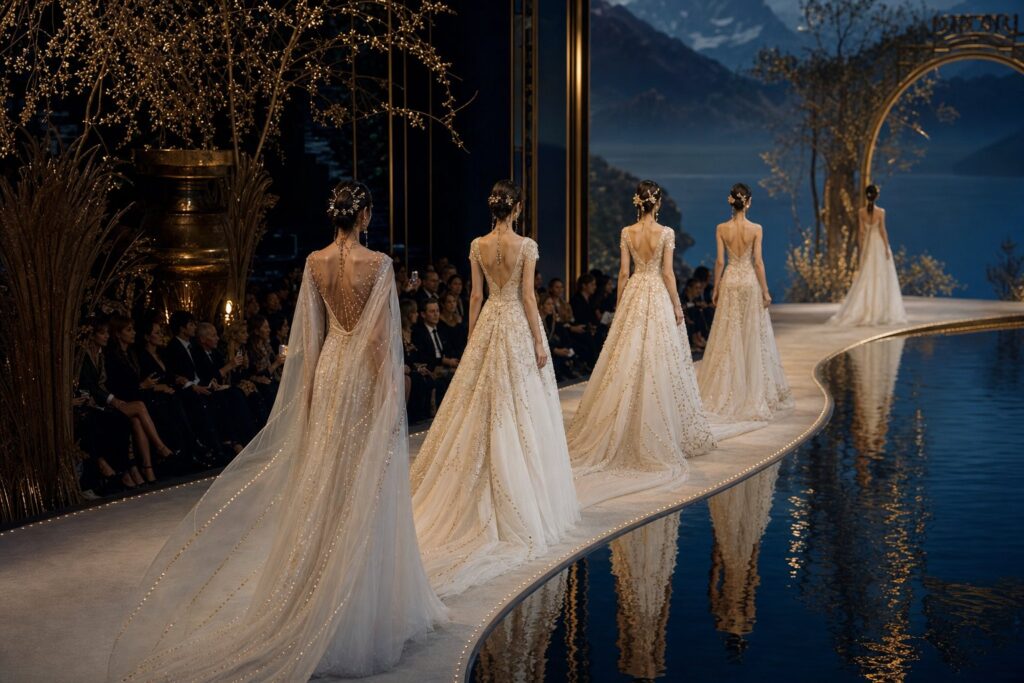 Défilé de mode avec robes de mariée sur podium et public élégant