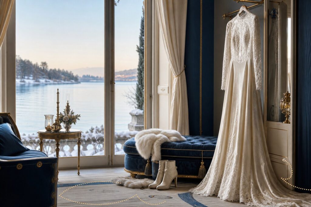 Robe de mariée d'hiver en velours blanc avec manches longues dans pièce lumineuse