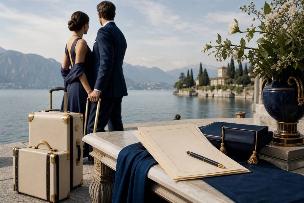 Assurance voyage de noces documents et stylo devant lac