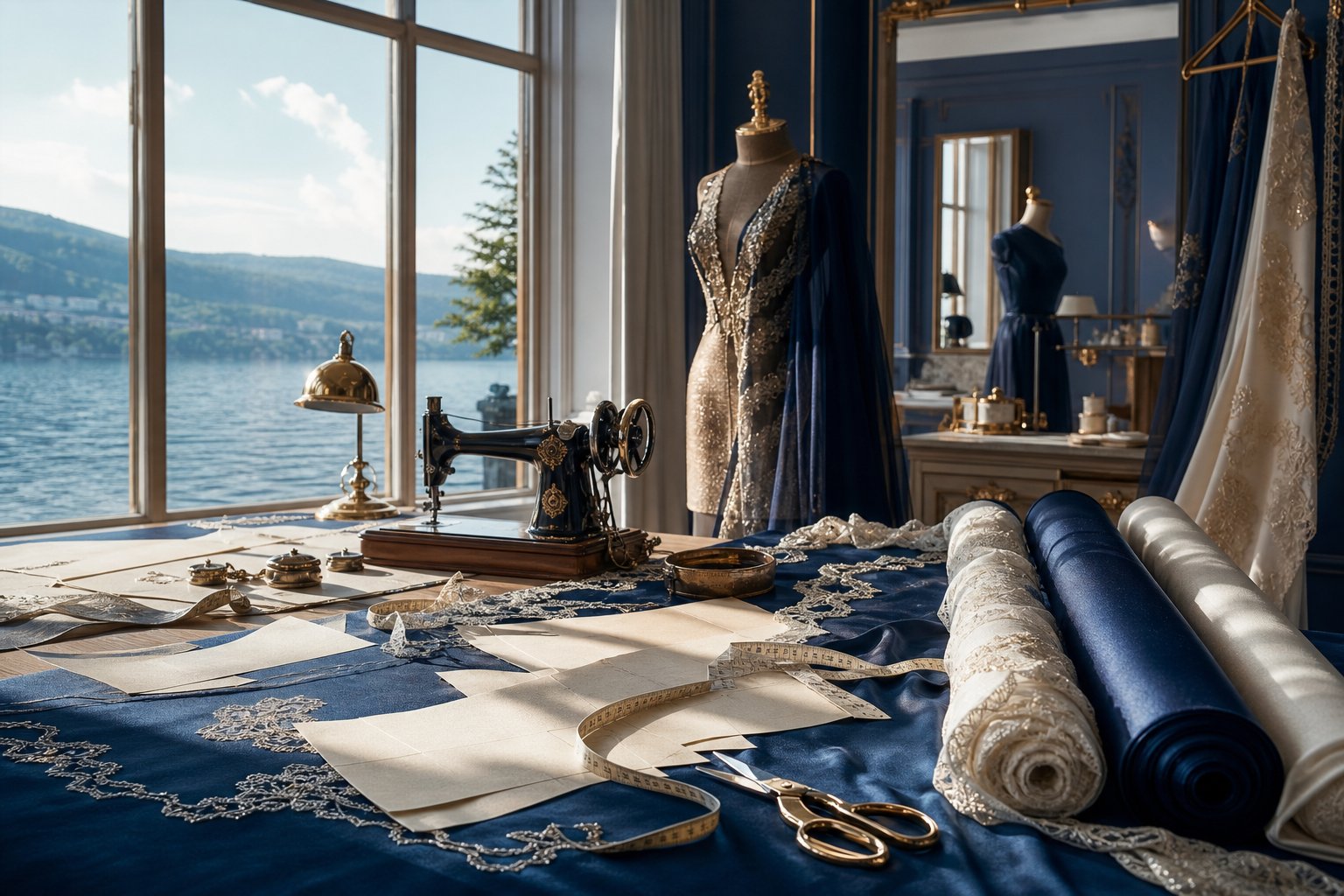 Atelier de couture avec rouleaux de tissu dentelle et machine à coudre