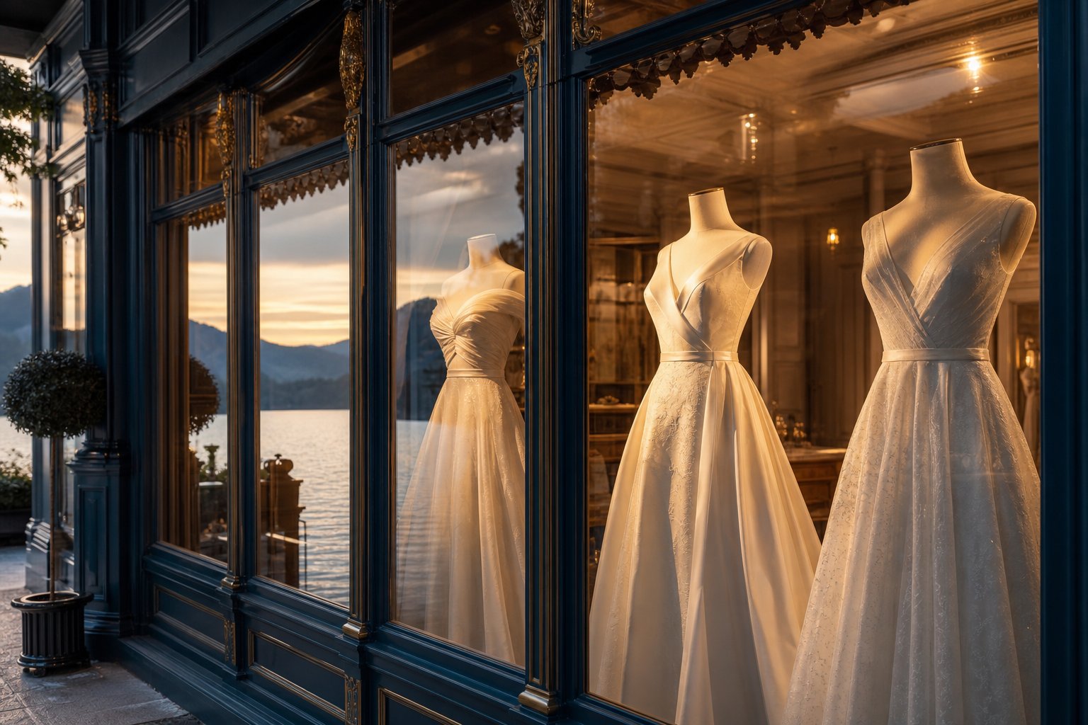 Vitrine d'atelier de couture avec robes de mariée exposées en soirée