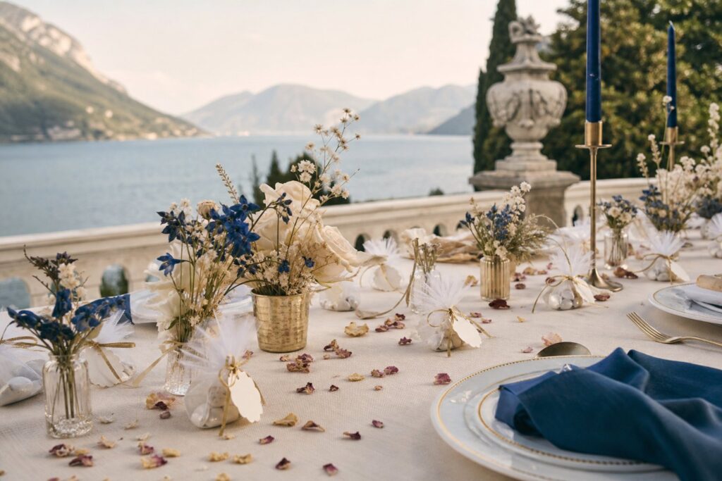 Sachets de dragées en tulle blanc avec ruban doré sur une table de mariage élégante