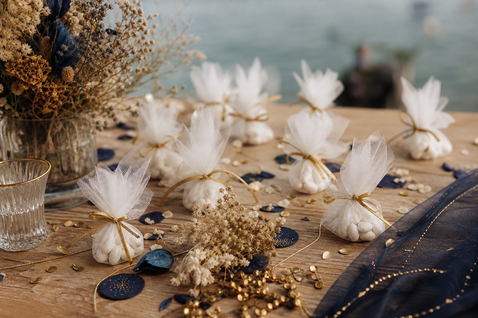 Bombonières de mariage emballées dans du tulle blanc et ruban doré sur nappe en lin