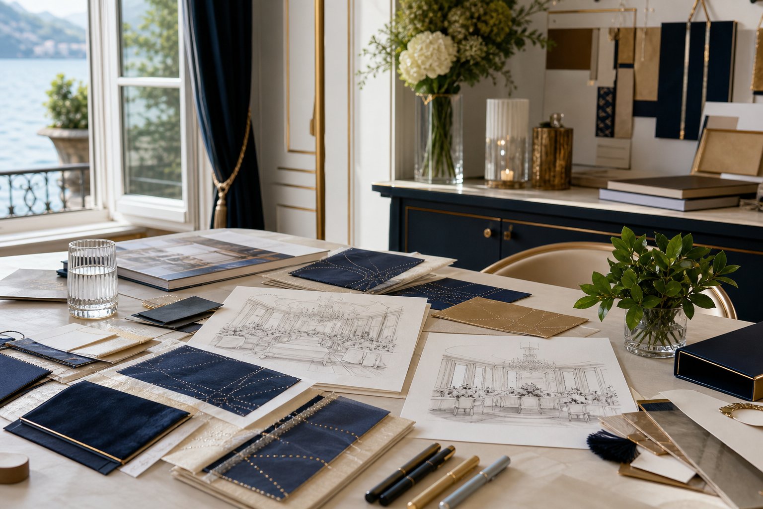 Bureau de wedding planner avec échantillons et livres d'inspiration mariage