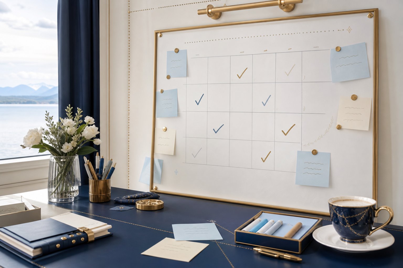 Calendrier de mariage avec dates cochées et post-it sur tableau blanc