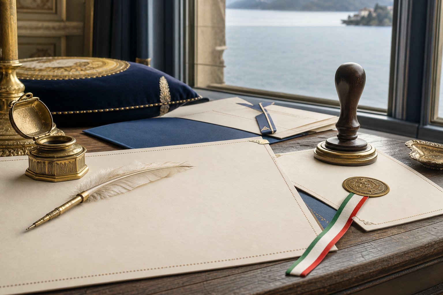 Documents de mariage civil avec plume encre et ruban tricolore italien