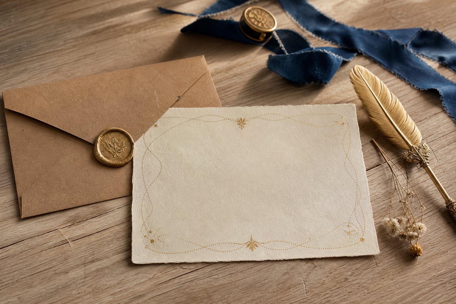 Enveloppe kraft avec invitation en papier ivoire, plume et fleur séchée