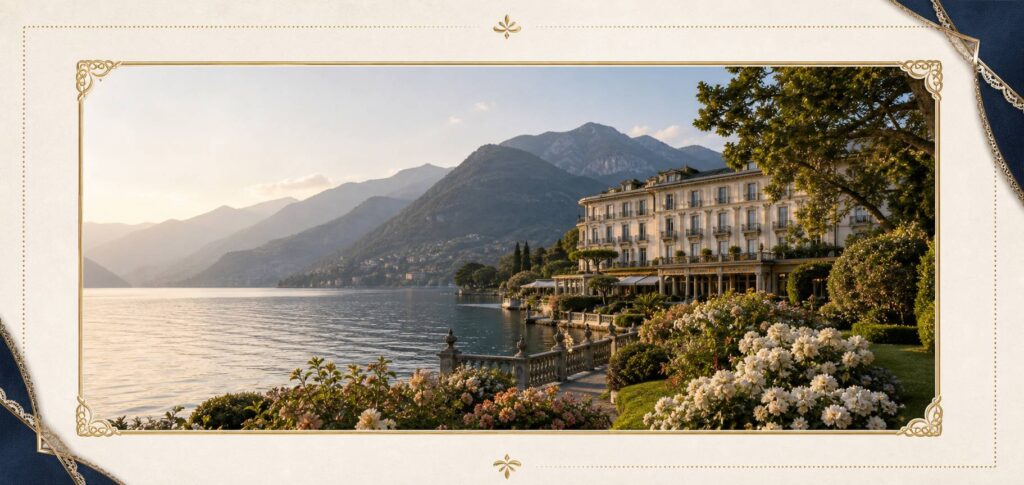 Vue panoramique du Lac de Como avec hôtel élégant destination lune de miel