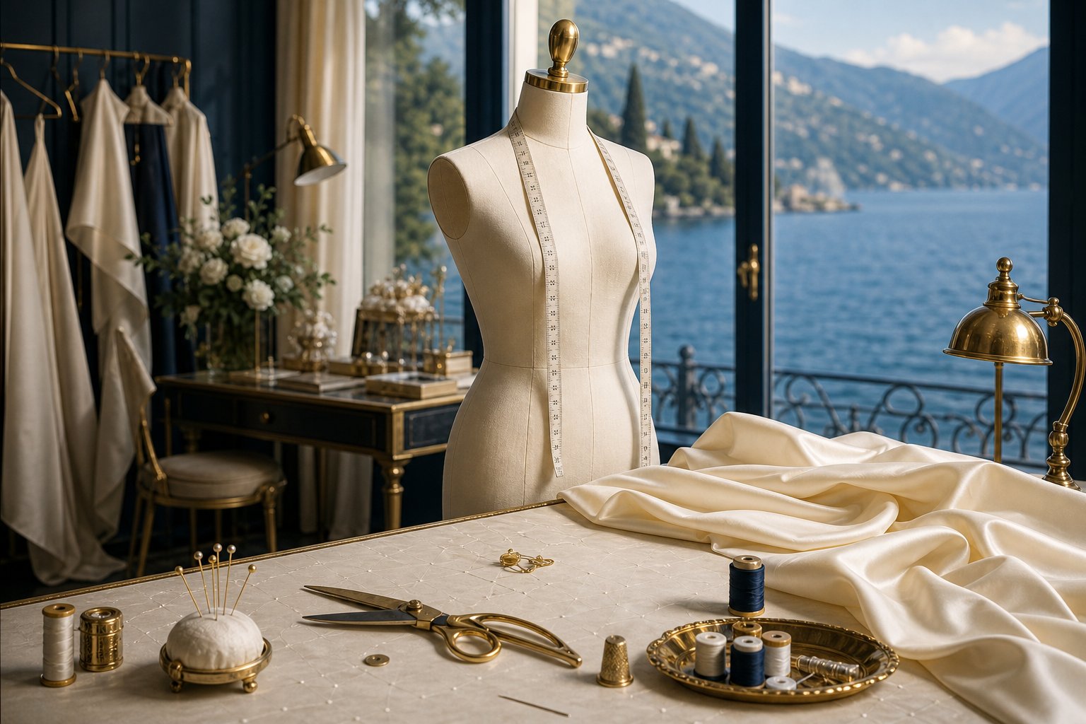 Mannequin de couture avec ruban à mesurer et ciseaux en atelier lumineux