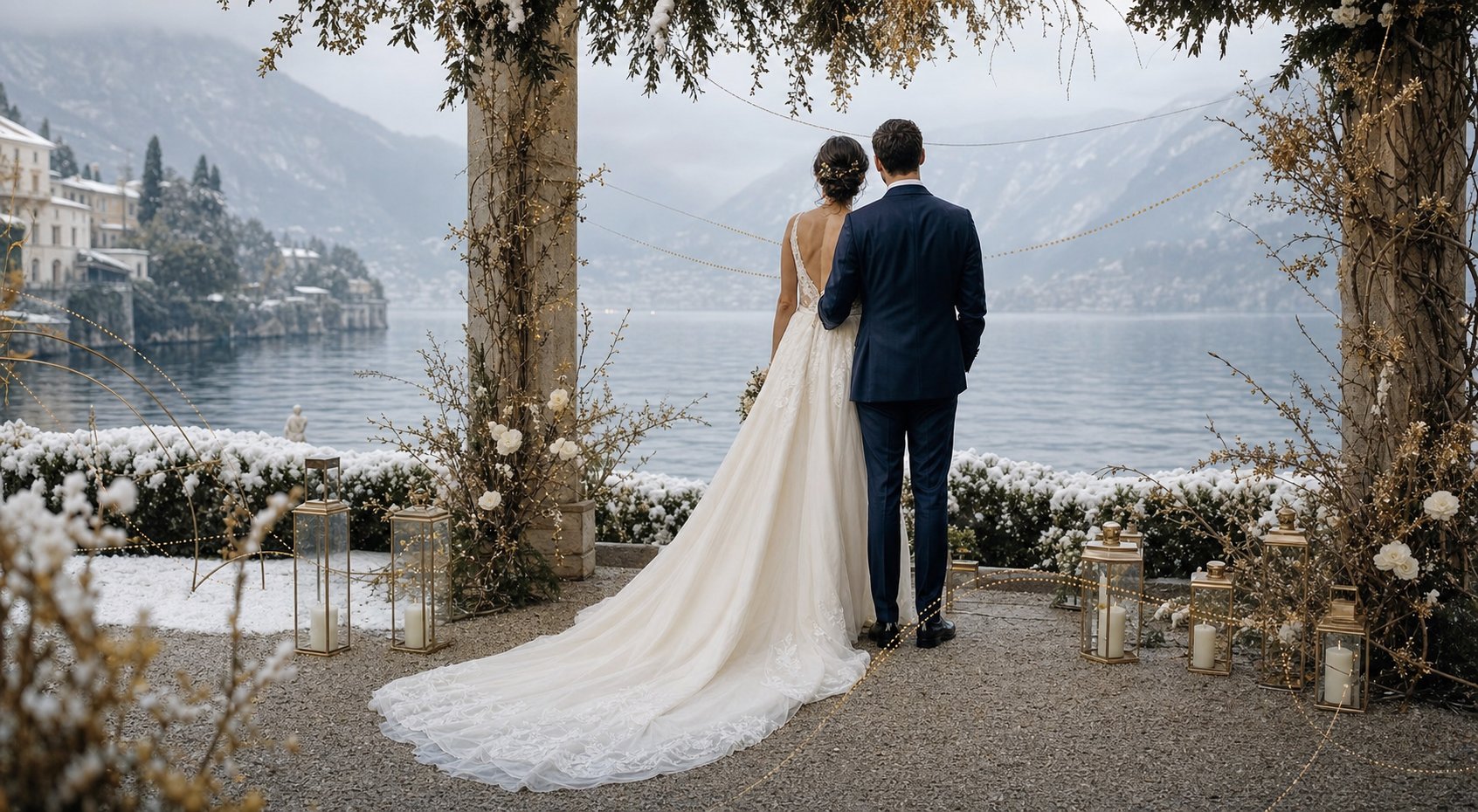 Paysage hivernal de montagne avec couple élégant en tenue de cérémonie