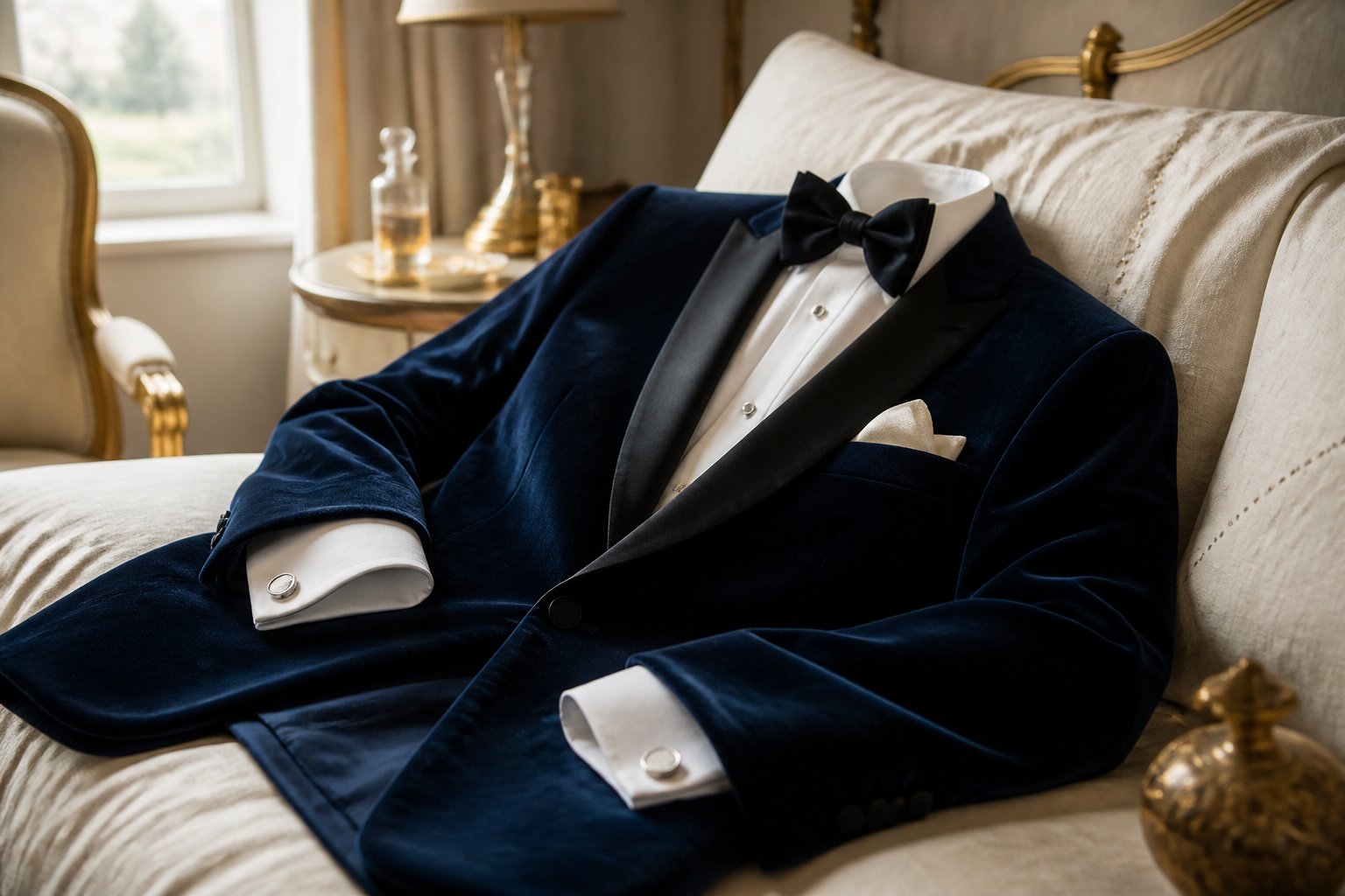 Noeud papillon noir posé sur smoking en velours avec pochette blanche