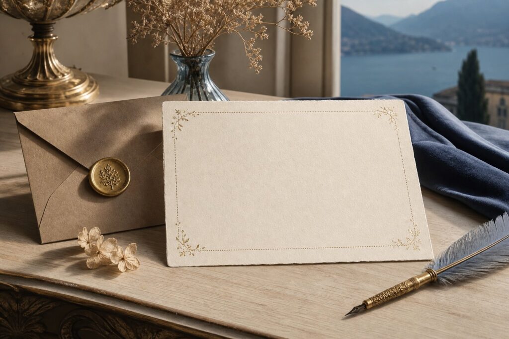 Invitation de mariage en papier ivoire avec sceau de cire doré sur table en bois