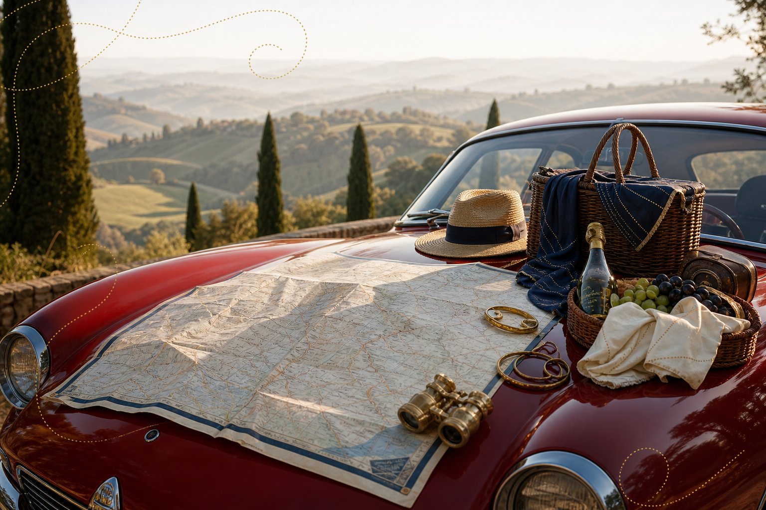 Carte routière d'Italie dépliée sur une voiture avec paysage toscan en arrière-plan