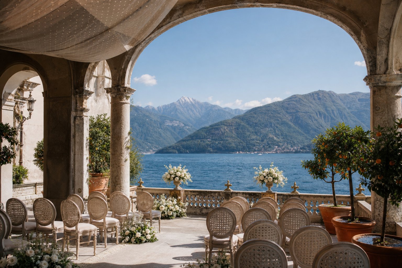 Terrasse panoramique de villa au bord du lac avec vue sur l'eau et montagnes