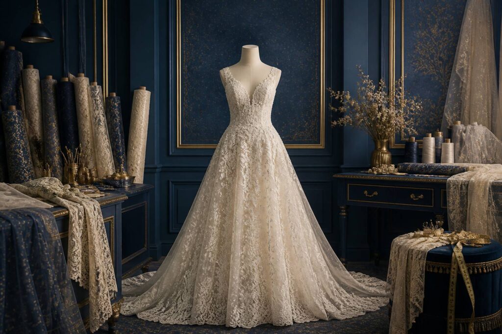 Robe de mariée ivoire sur mannequin dans un atelier de couture élégant