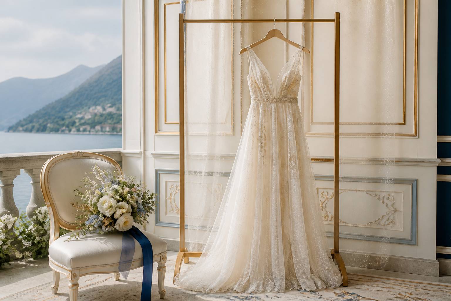 Robe de mariée aux lignes légères suspendue à un portant avec un bouquet de fleurs