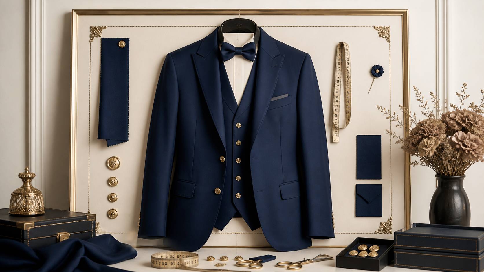 Détails d'un costume vintage — veste, gilet et nœud papillon — sur un fond ivoire