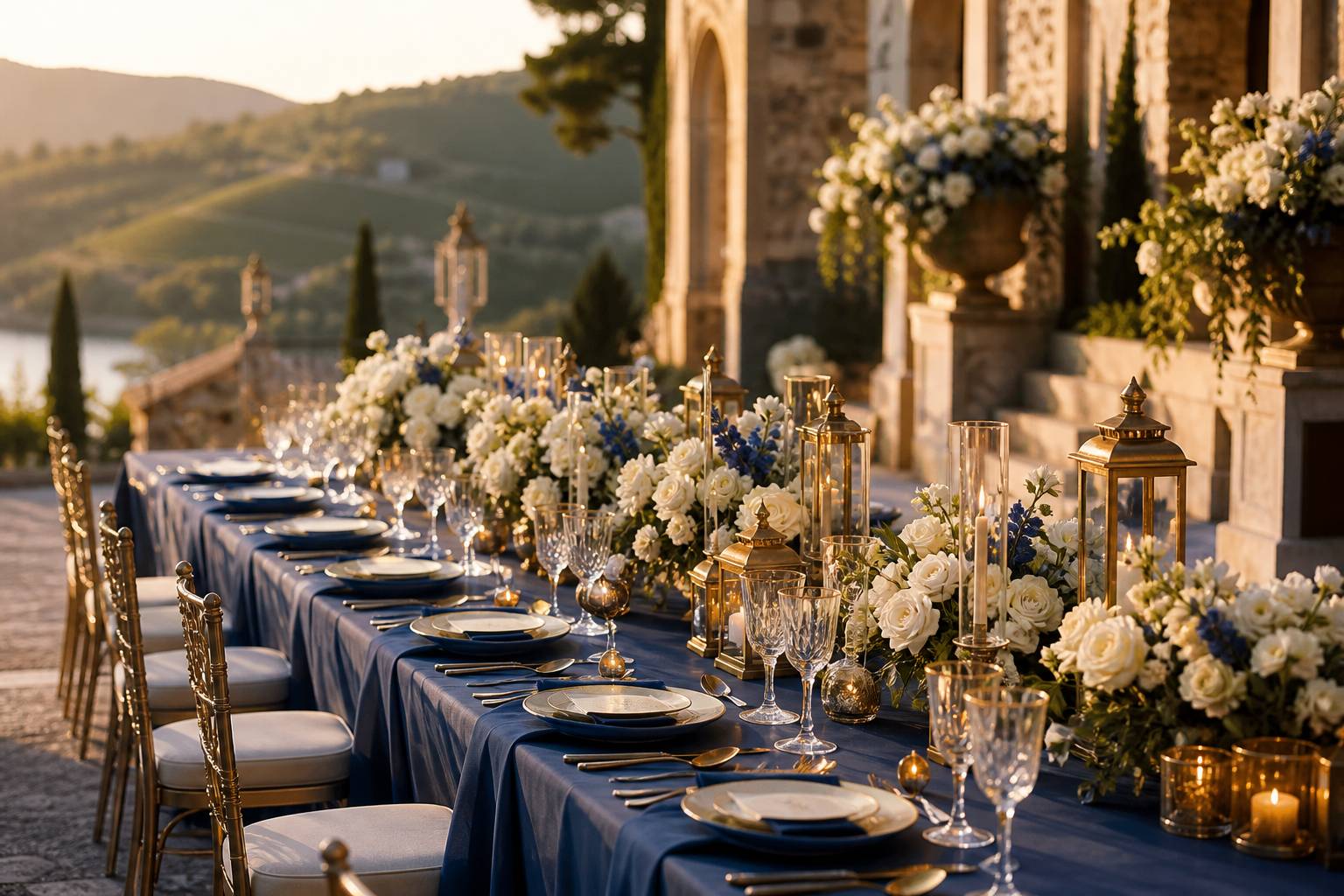 Table de banquet dressée dans une cour en pierre avec fleurs et lanternes