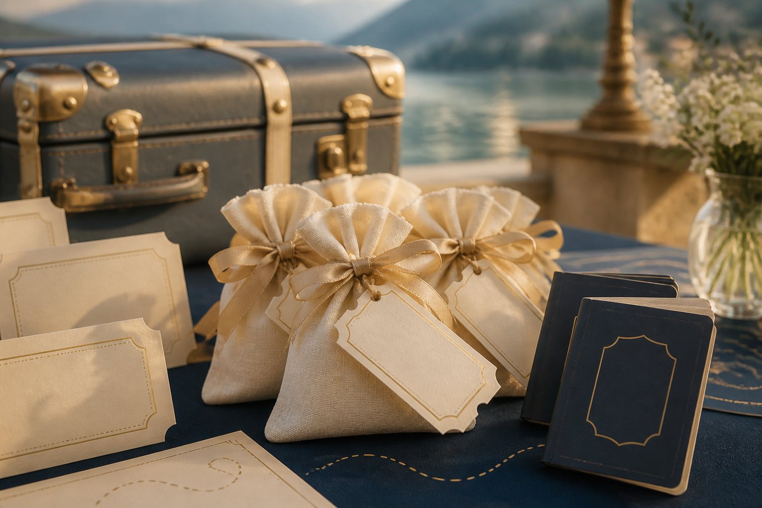Bomboniere à thème voyage avec sachets ivoire, rubans dorés et étiquettes en forme de ticket