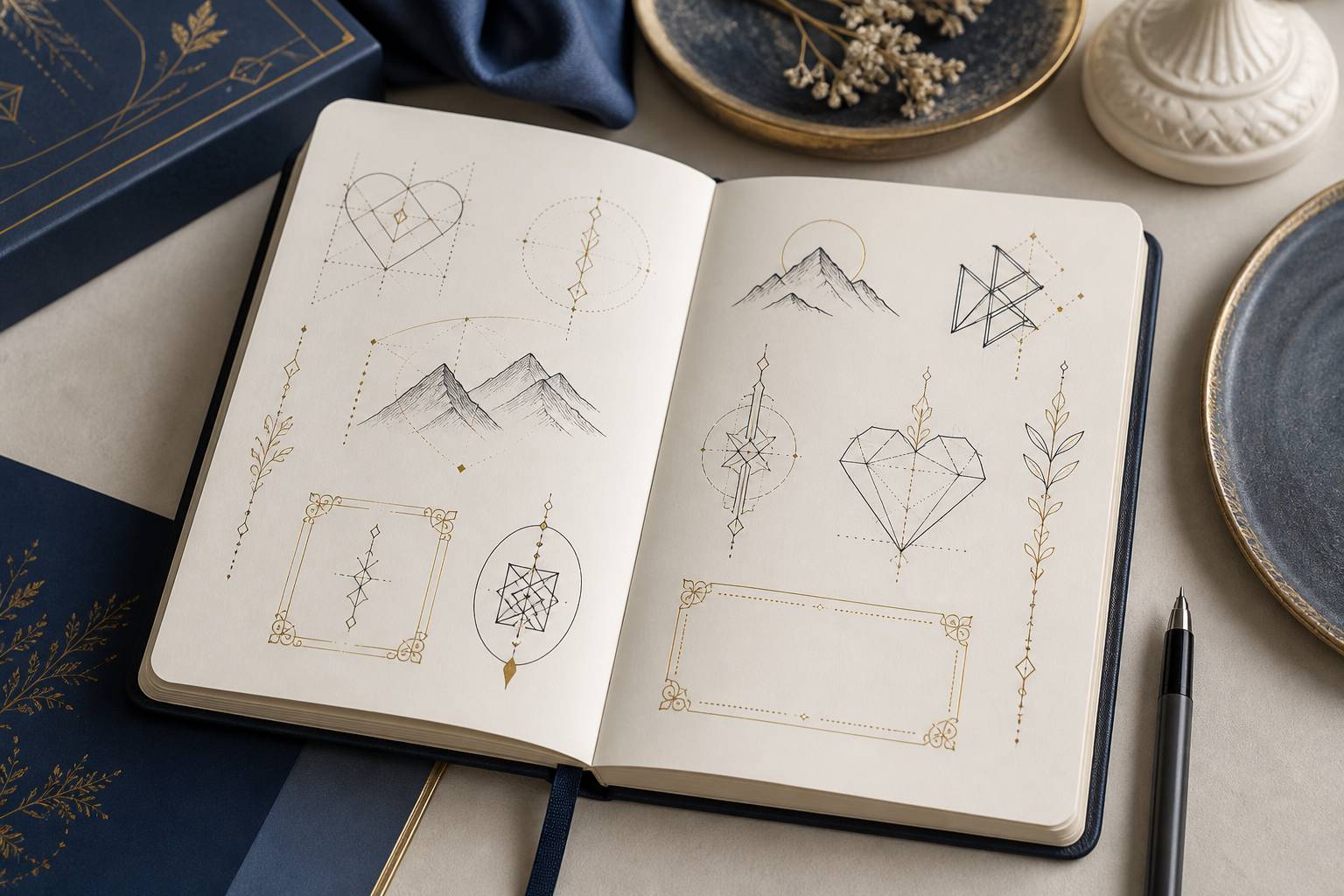 Croquis de petits motifs de tatouage minimalistes posés sur une feuille avec un stylo