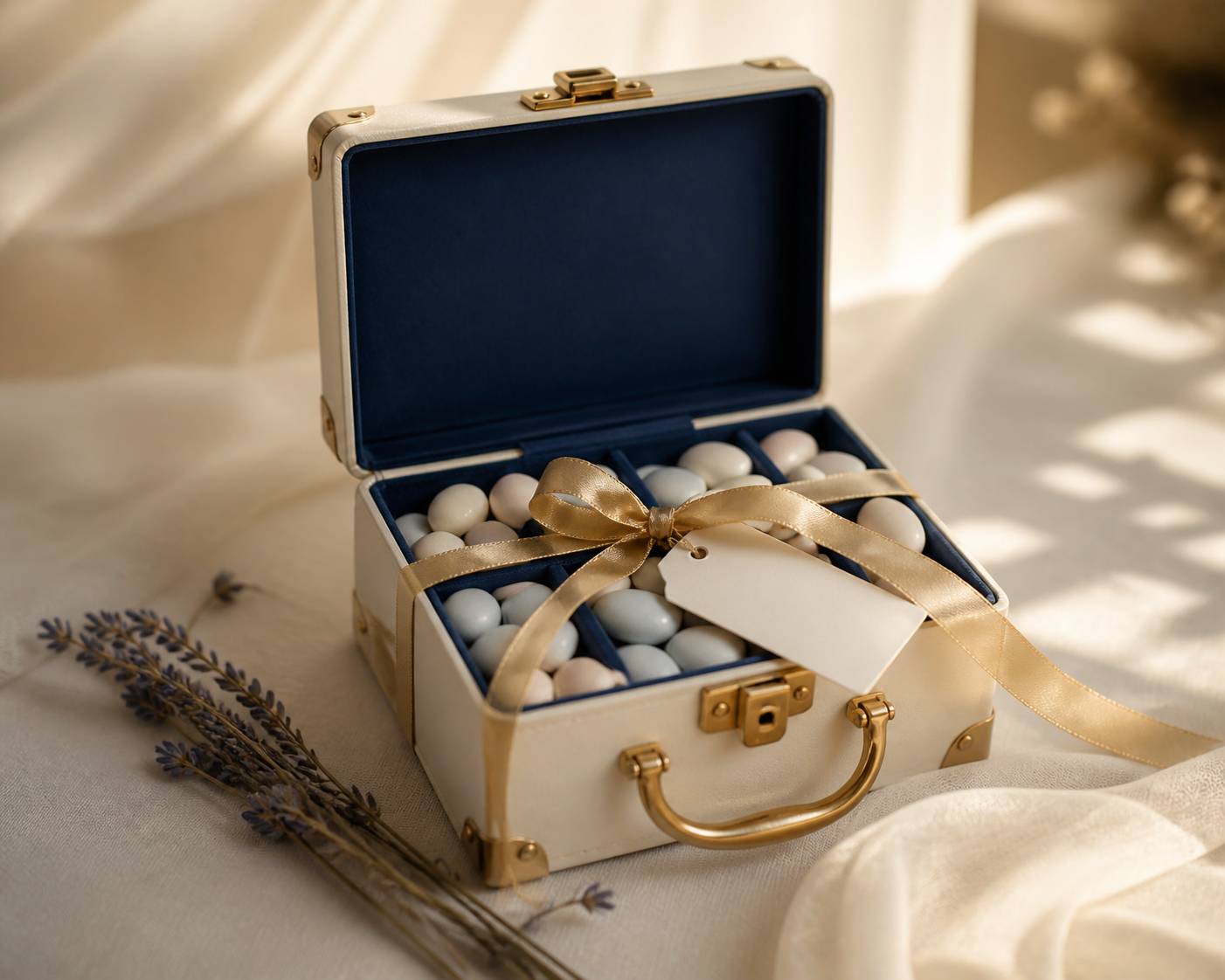Coffret bombonière en forme de valise avec dragées et ruban doré