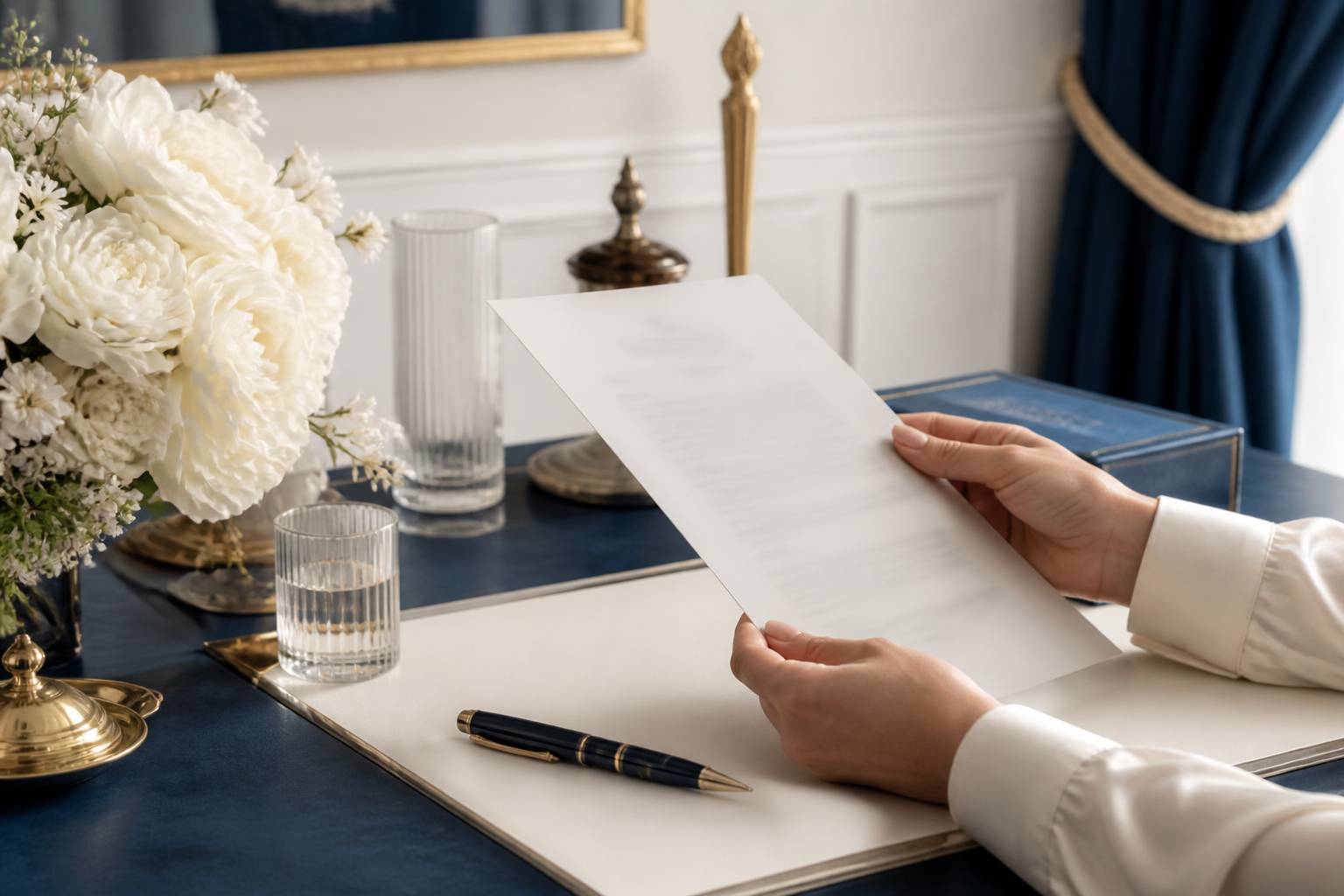 Mains tenant un document de devis avec un stylo et un bouquet