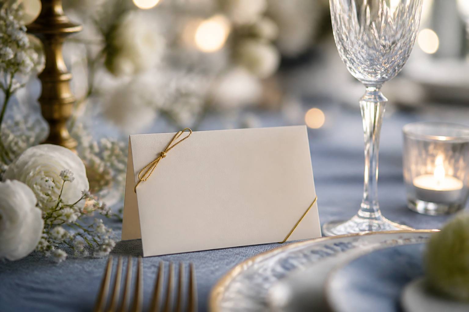 Détails d'une table de mariage avec fleurs blanches et finitions dorées