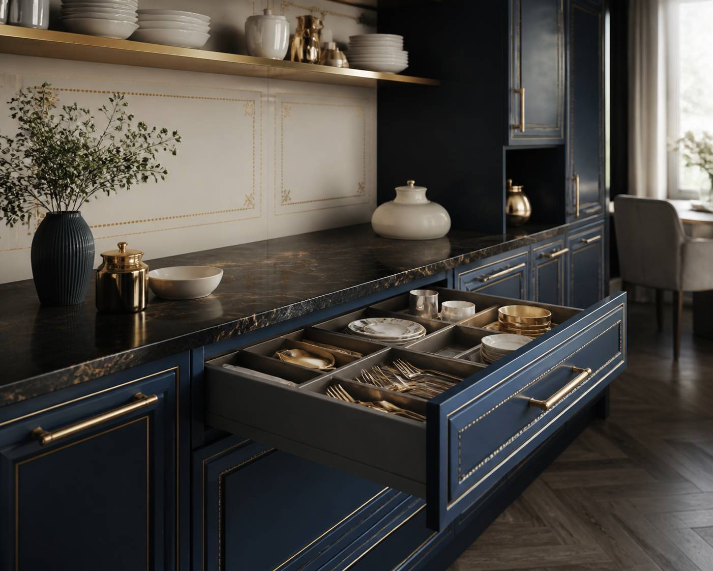 Poignées dorées sur des façades de cuisine bleu nuit