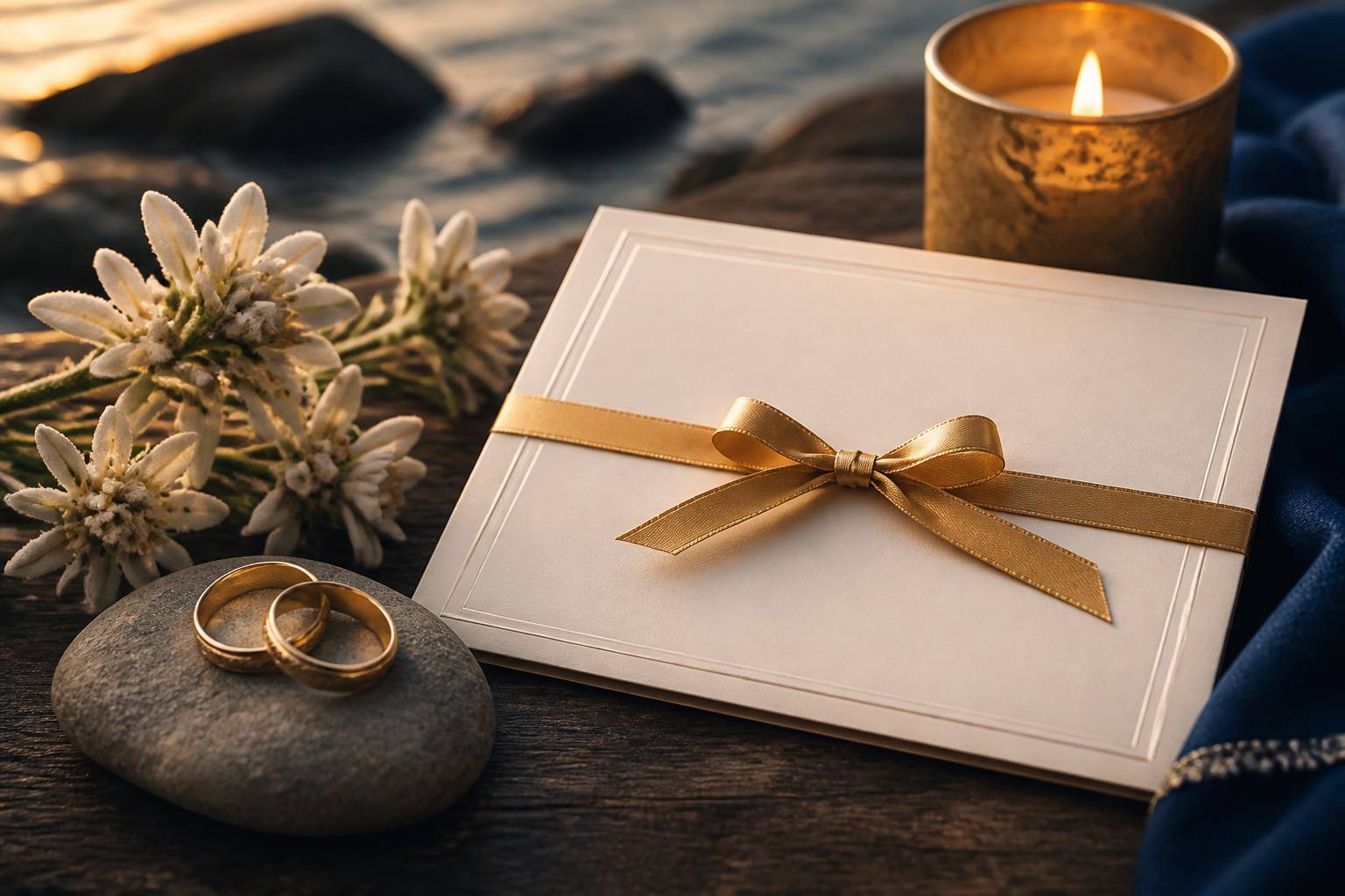 Détails de mariage avec ruban doré et fleurs alpines