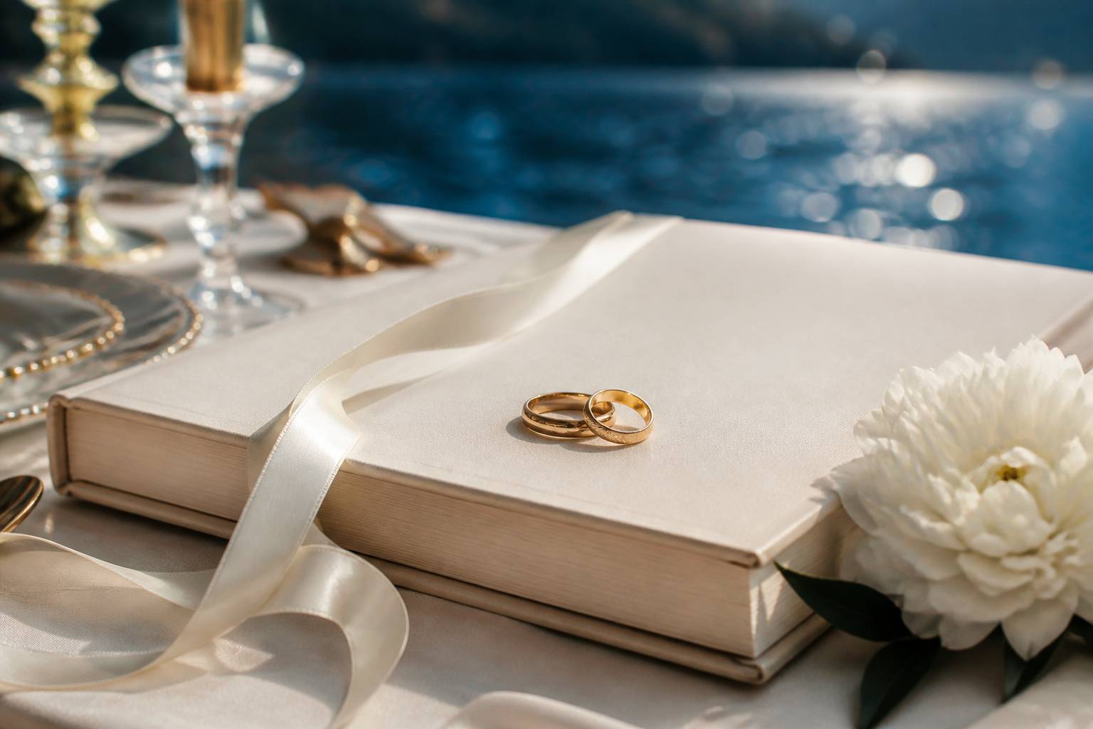 Alliances dorées posées sur un livre de mariage ivoire
