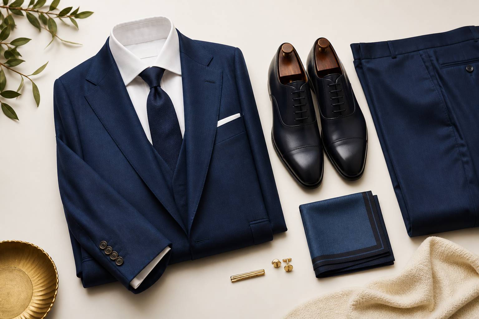 Completo sposo blu notte piegato con camicia bianca, cravatta e scarpe in pelle