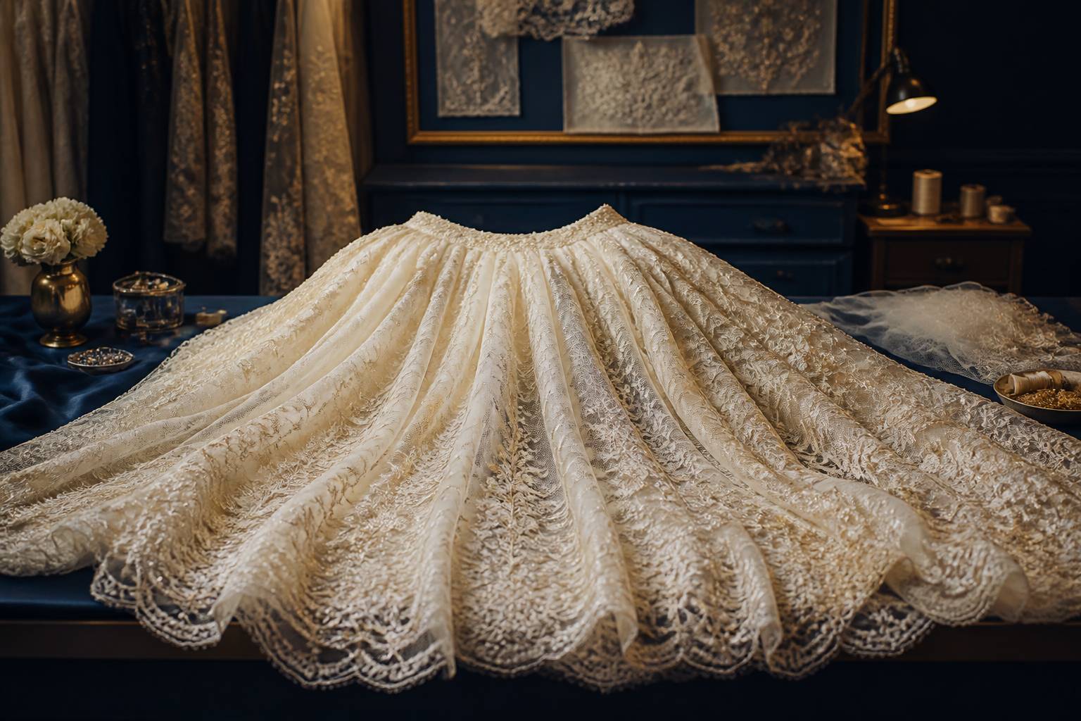 Jupe de robe de mariée en dentelle fine avec perles et fil doré