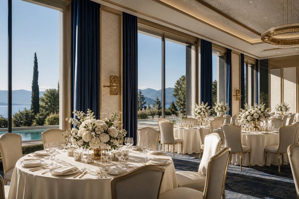 Salle de réception de mariage avec tables rondes dressées et baies vitrées