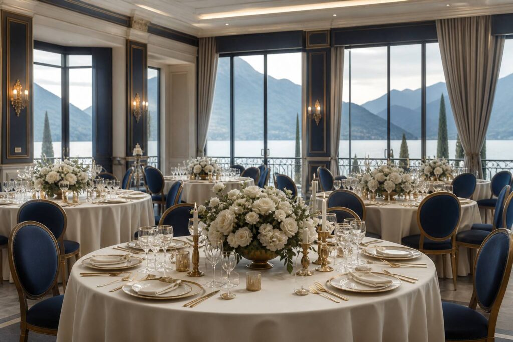 Sala ricevimenti elegante con tavoli apparecchiati e fiori