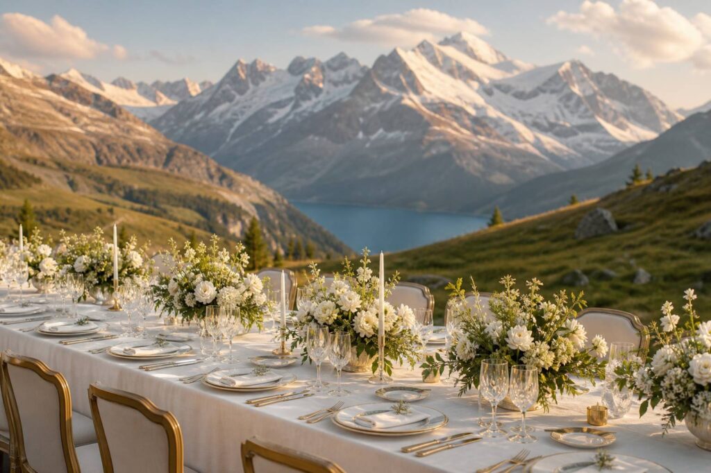 Table de mariage élégante avec le massif du Mont Blanc en arrière-plan