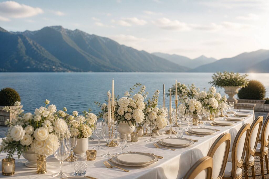 Table de réception de mariage élégante au bord d'un lac