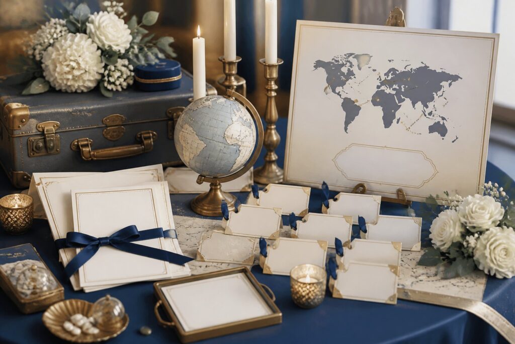 Table de mariage à thème voyage avec cartons ivoire, marque-places et valise vintage