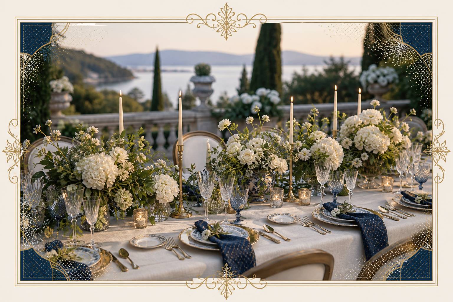 Table de mariage élégante avec fleurs blanches, bougies et couverts dorés dans un jardin de villa