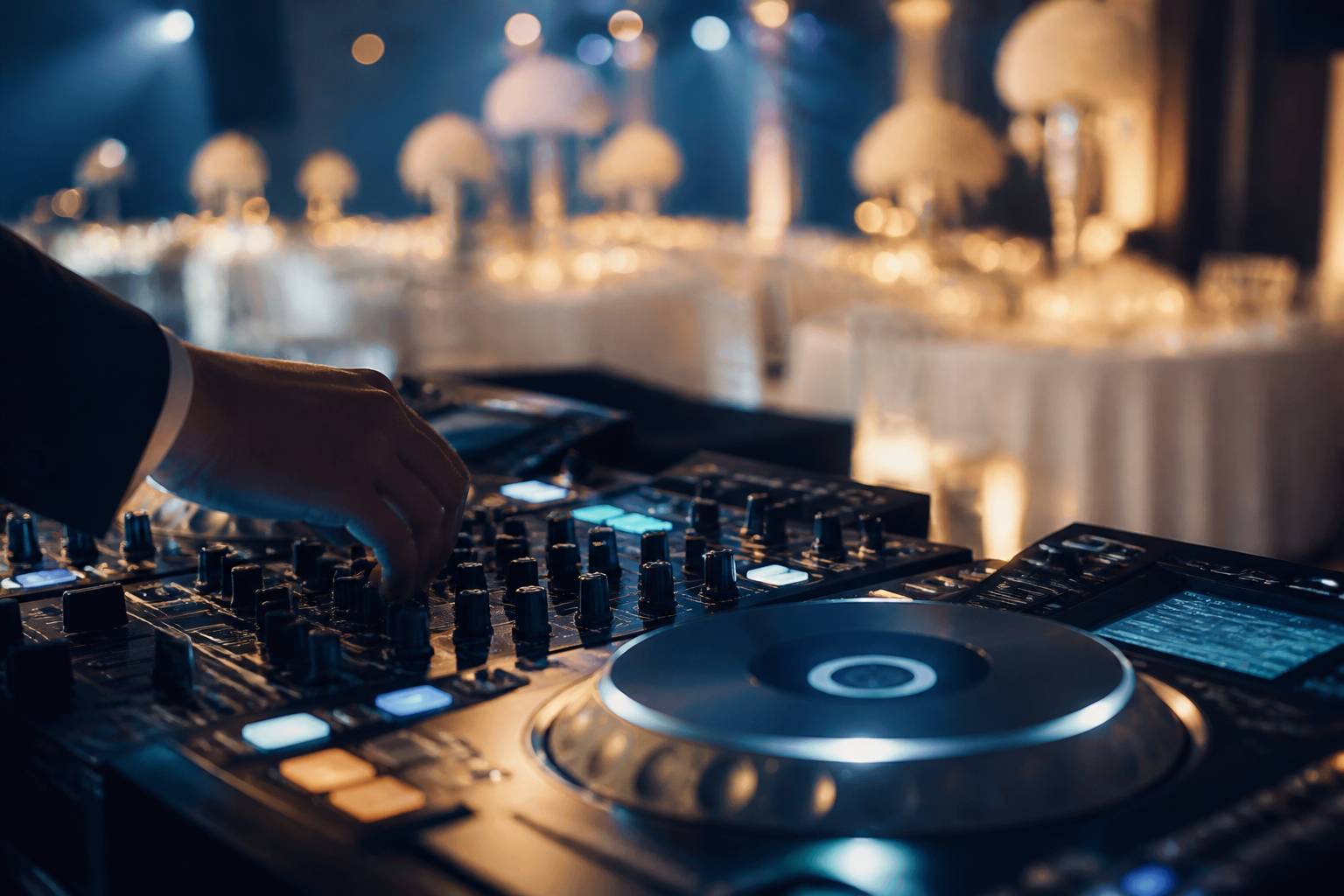 Mains en mouvement sur une table de mixage DJ dans une salle de réception