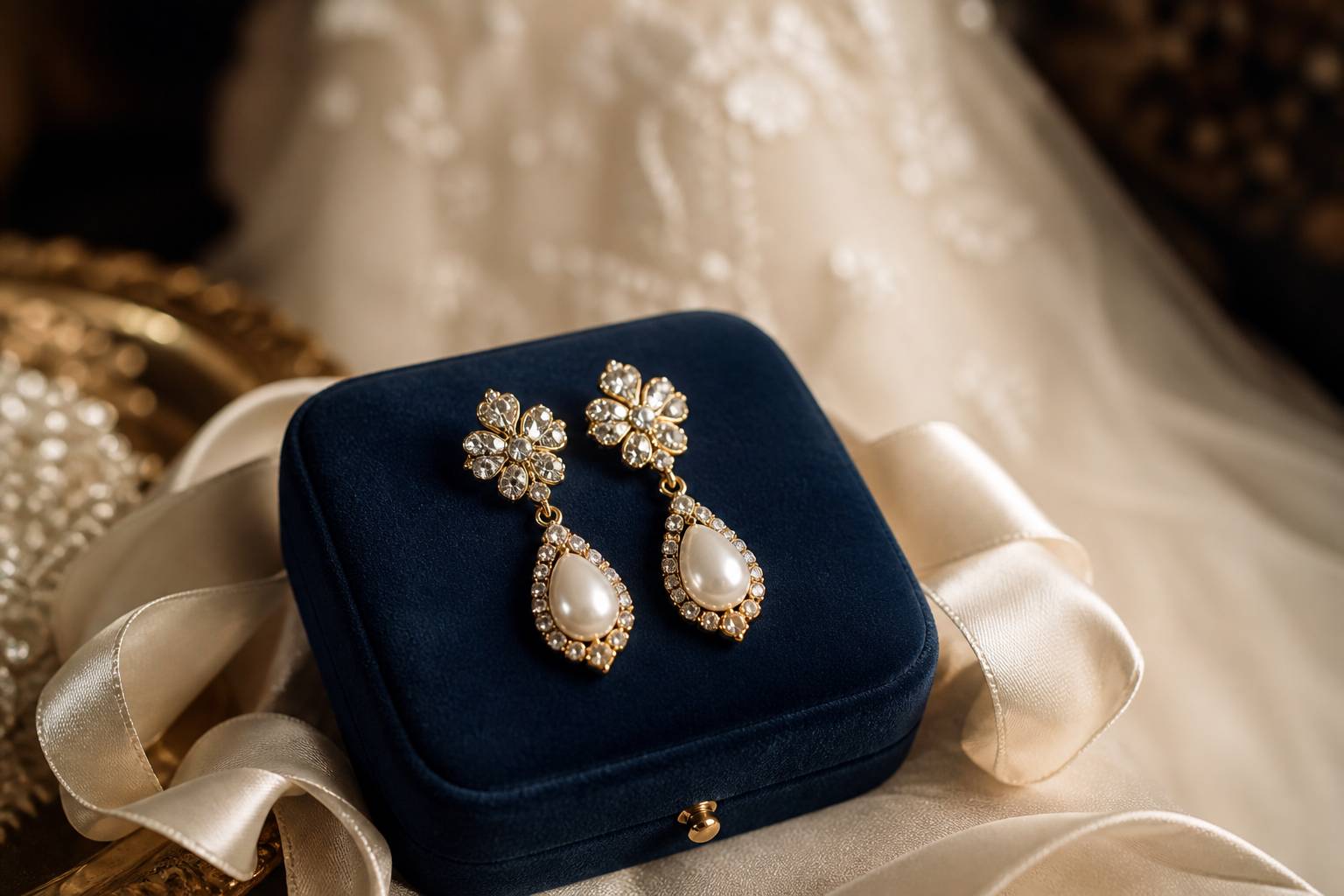 Boucles d'oreilles pendantes en perles et cristaux sur un écrin