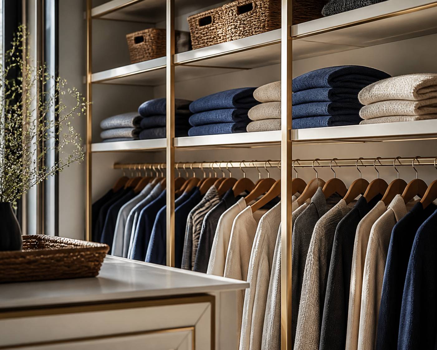 Détail d'étagères ouvertes avec pulls pliés, cintres en bois et paniers en fibres
