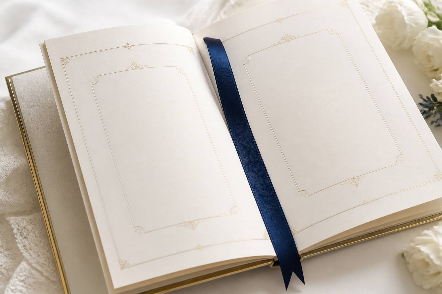 Pages ivoire d'un livret de messe avec un marque-page et un liseré doré fin