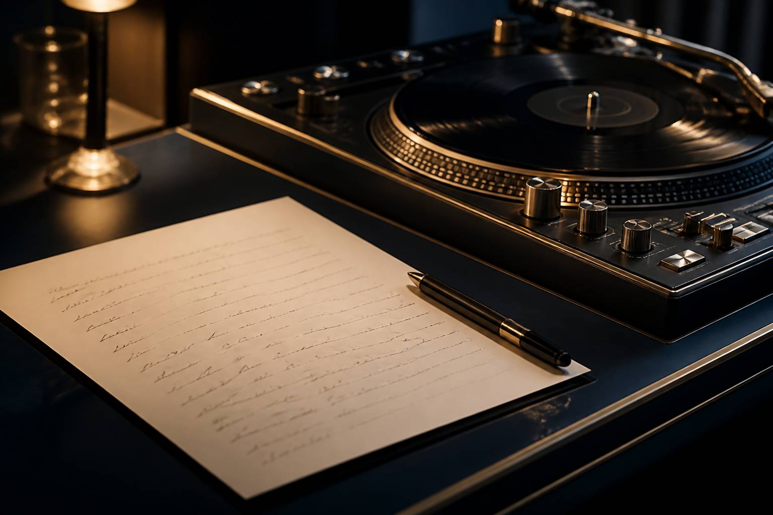 Playlist manuscrite sans texte lisible près d'une platine