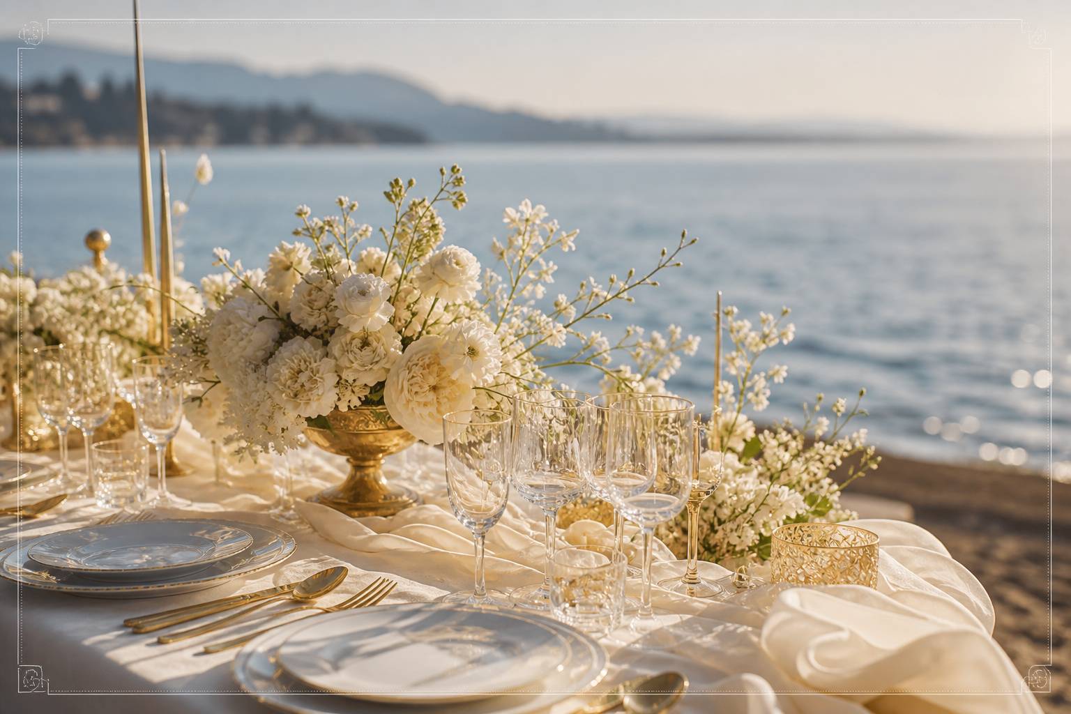 Table de réception de mariage dressée sur le sable face à la mer