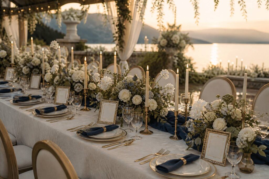 Table de réception de mariage élégante avec des fleurs de saison et des bougies