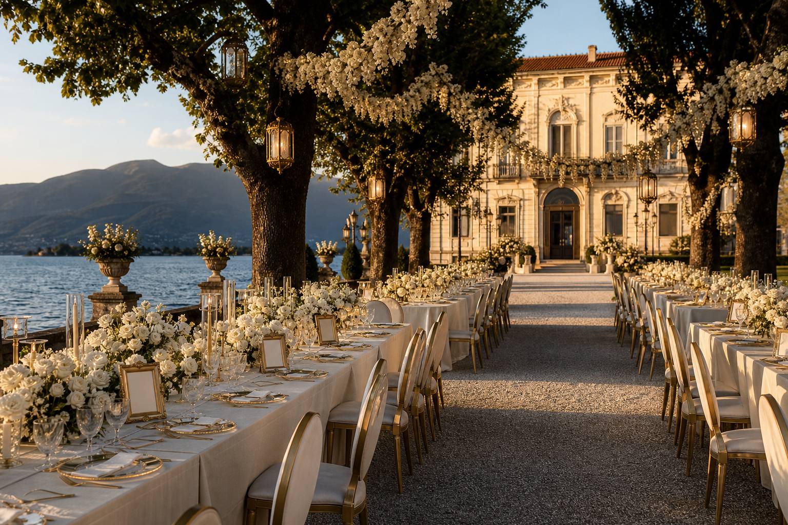 Tavoli del ricevimento di nozze allestiti nel parco di una villa veneta storica
