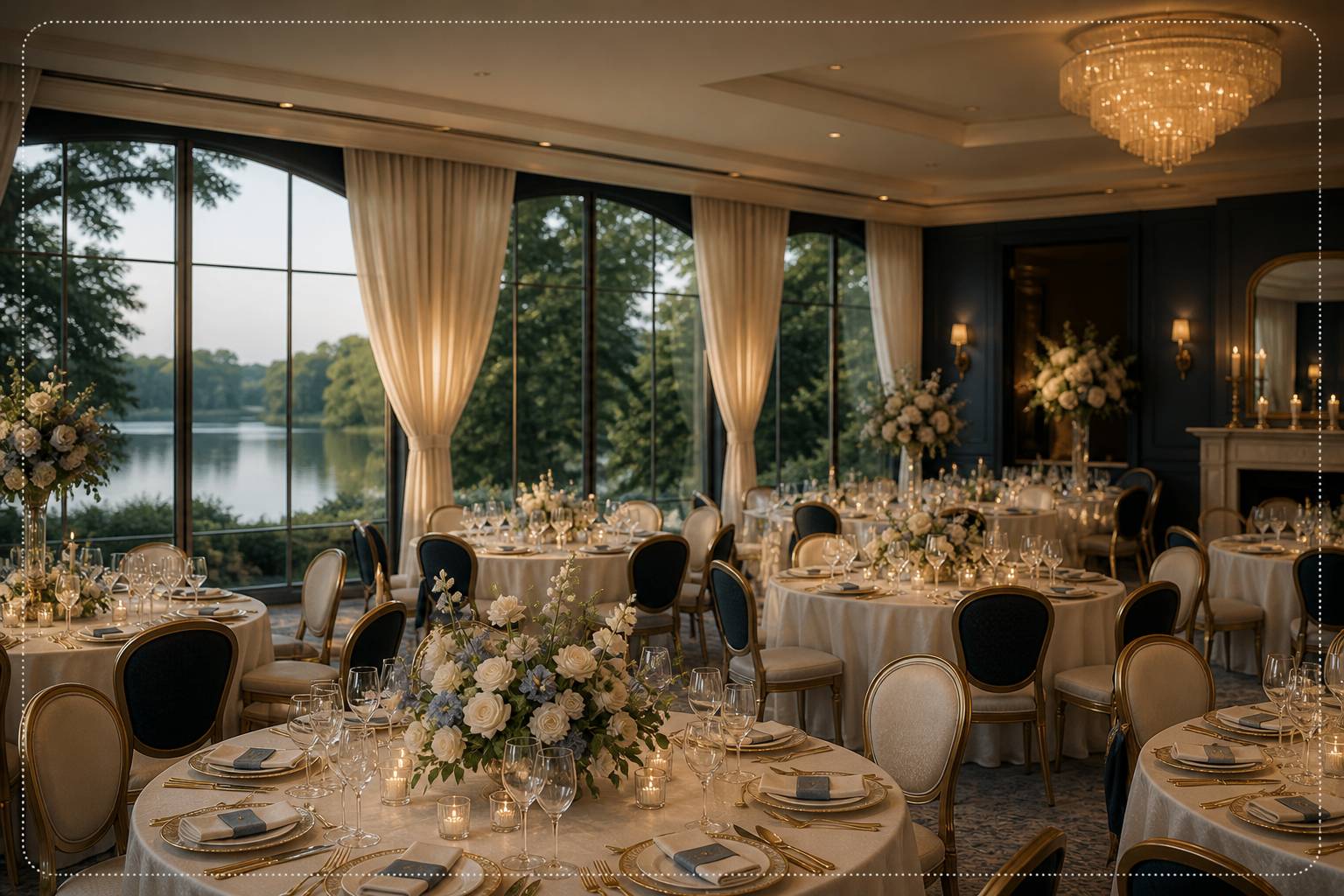 Salle de réception de mariage avec tables rondes ivoire et fleurs